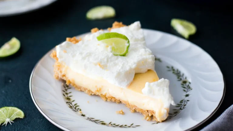 Key lime pie with coconut whipped cream and lime slices