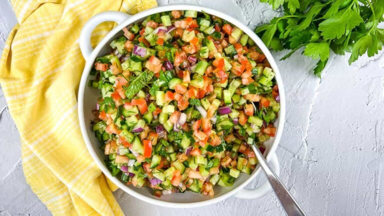 Shirazi Salad in a white serving bowl.