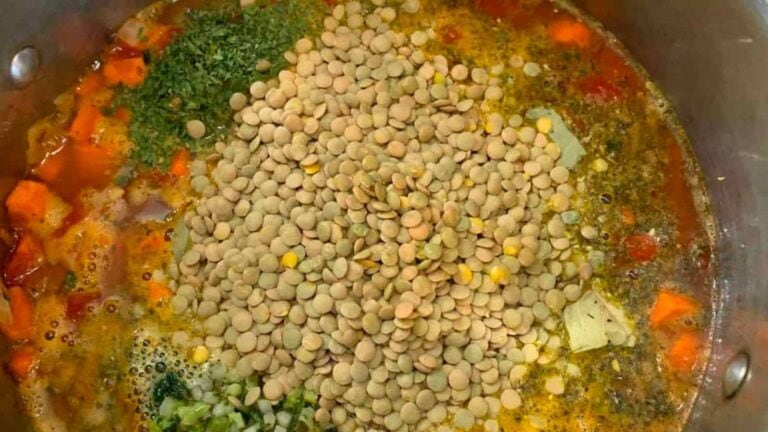A pot of lentil stew evokes comfort, with lentils, carrots, herbs, and spices simmering in broth—just like one of Grandma's classic soups.
