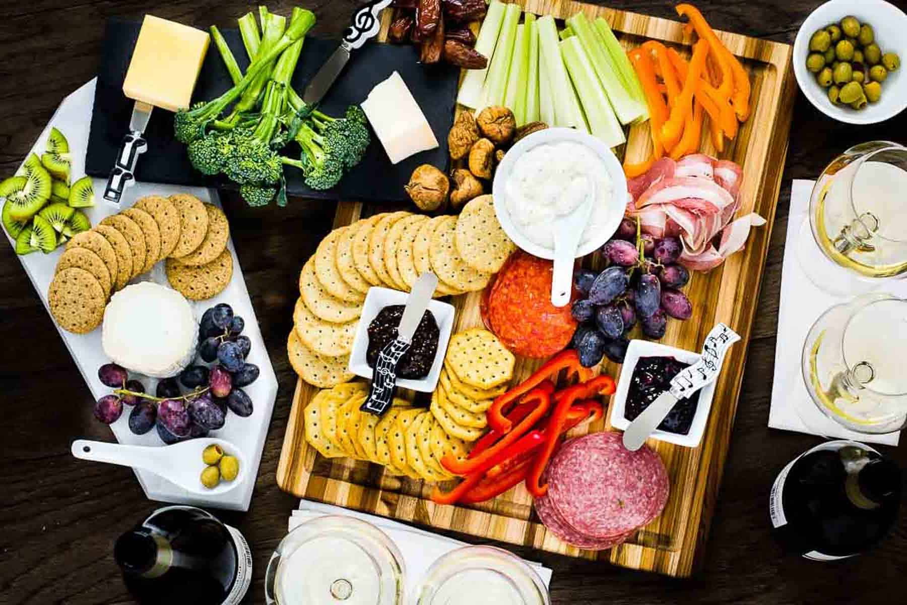 Overhead shot of charcuterie and cheese grazing board.