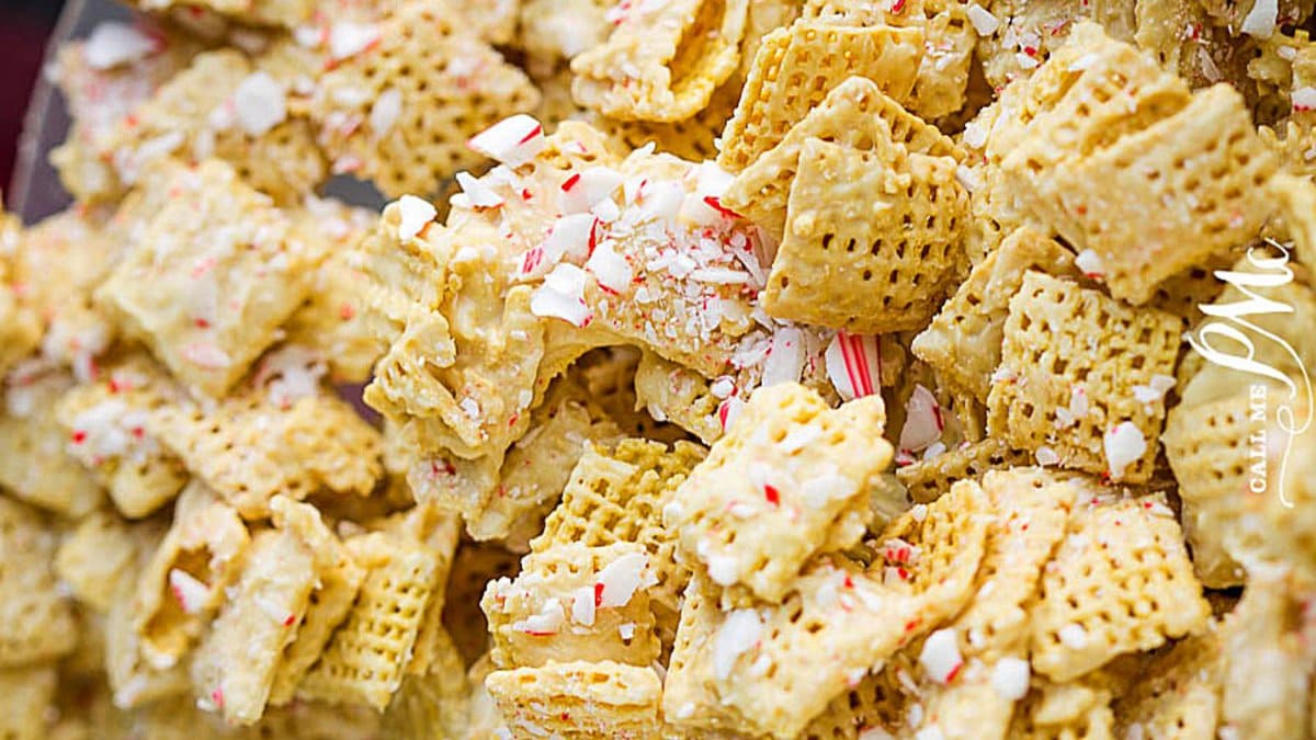 A pile of White Chocolate Peppermint Chex Mix.