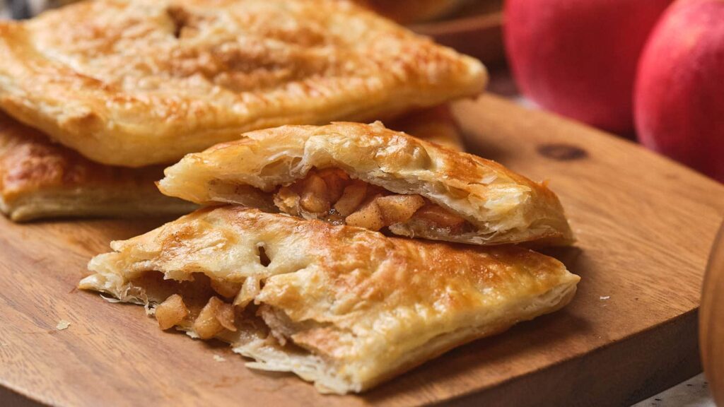 Flaky golden pastries filled with diced apple filling are stacked on a wooden board, with whole apples visible in the background.