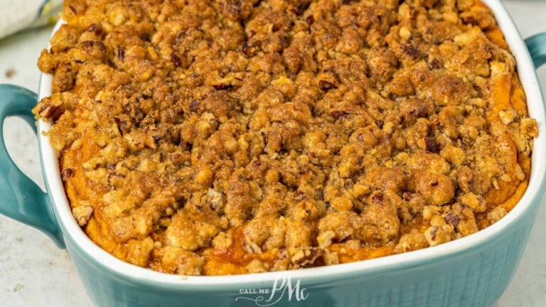 Sweet potato casserole in a blue dish.