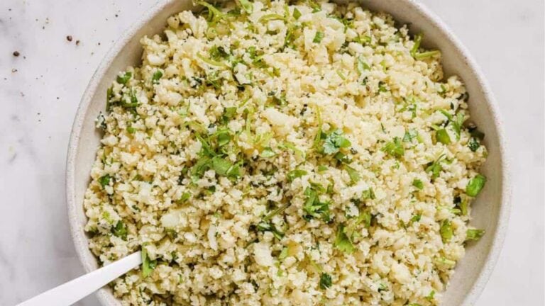 A bowl of cilantro lime cauliflower rice.