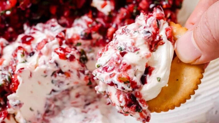A cracker being dipped into a dish of jalapeño cranberry dip.