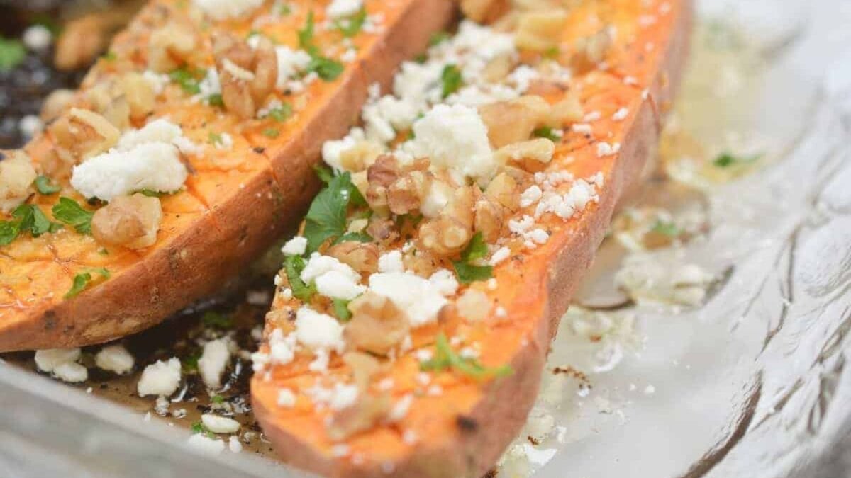 Roasted sweet potatoes with feta and walnuts.