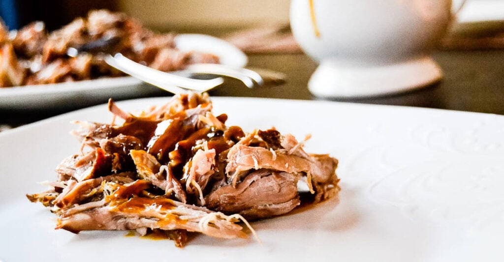 A white plate with a serving of shredded meat topped with sauce and garnished with herbs, perfect for movie night snacks. A fork rests on top, and a blurred dish is in the background.