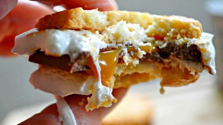 A close-up of a hand holding a partially eaten s'more with gooey marshmallow, melted chocolate, caramel, and two cookies as the outer layers.