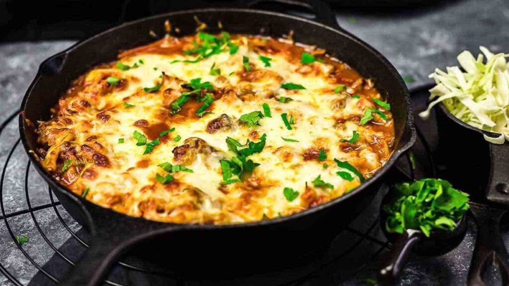 Cabbage beef casserole inside cast iron.