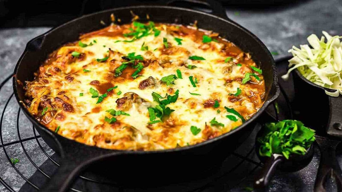 Cabbage beef casserole inside cast iron.