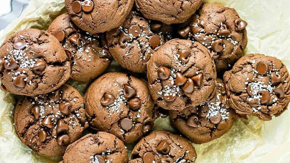 Horizontal overhead shot of a platter of chocolate chocolate chip cookies.