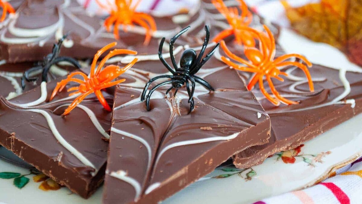 A plate of chocolate bark with spider webs and plastic spiders on it.