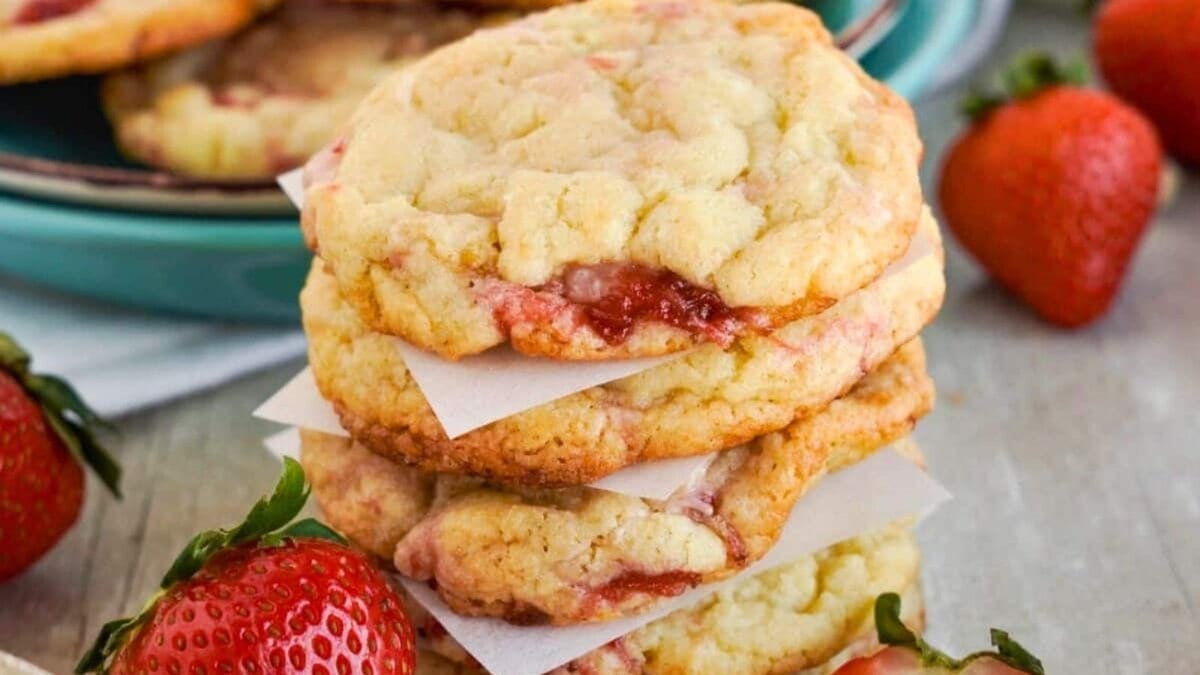 A stack of strawberry cookies separated by sheets of parchment, surrounded by fresh strawberries, with a plate of more cookies in the background.