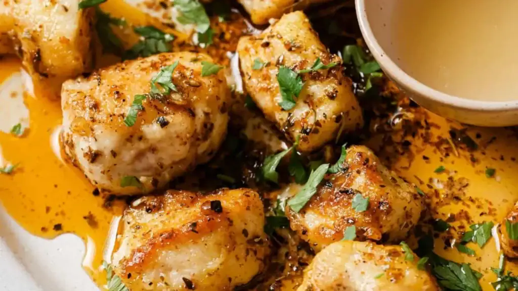 Close-up of seasoned and cooked chicken pieces garnished with chopped herbs, served with a small bowl of dipping sauce.