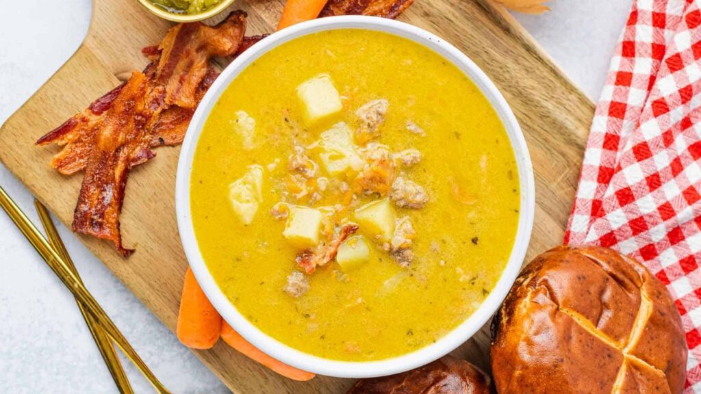 A bowl of yellow soup with potato chunks and meat, served on a wooden board with bacon strips, carrots, bread rolls, and a red-checkered napkin nearby.