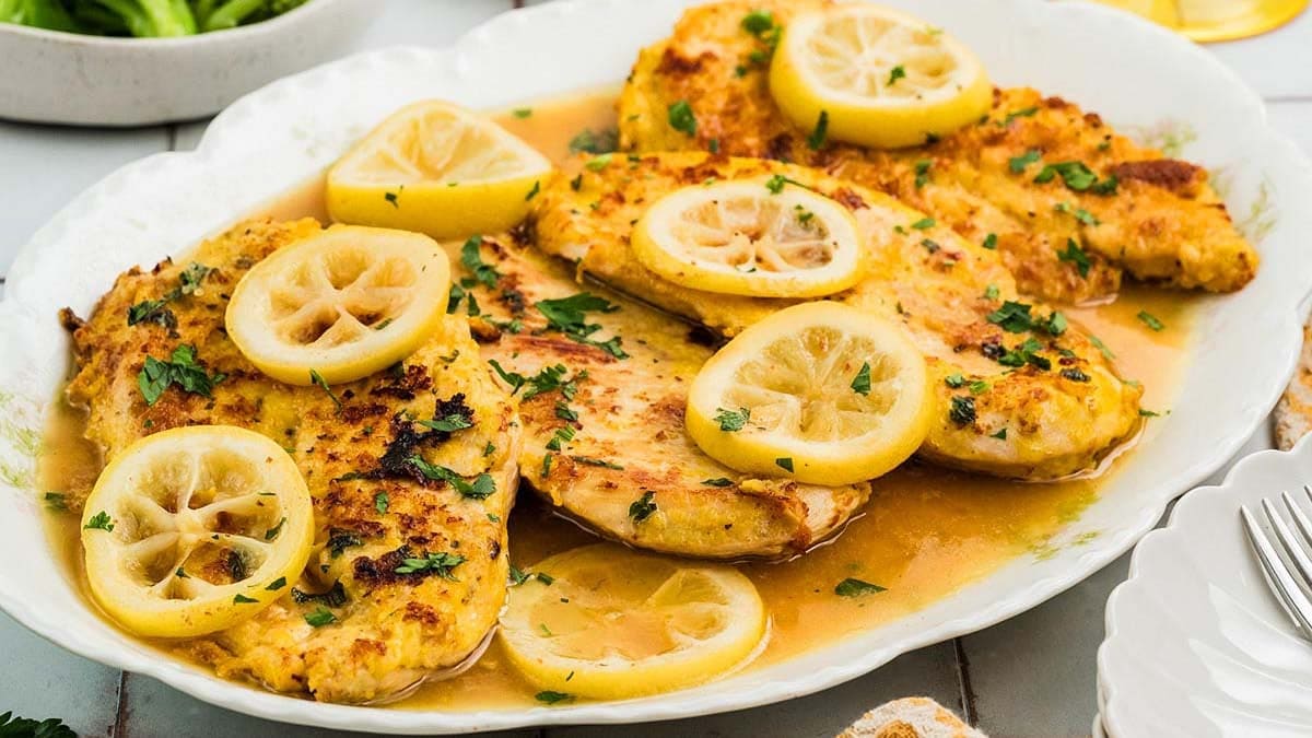 Platter of cooked chicken breasts topped with lemon slices and chopped herbs, served in a light sauce.