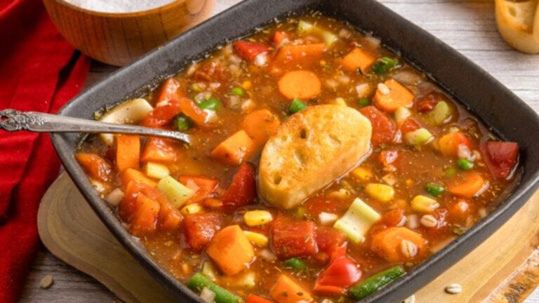 A square black bowl filled with chunky vegetable soup, topped with a slice of toasted bread; a metal spoon rests inside the bowl.